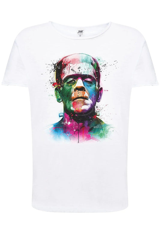 T-shirt uomo bianca in cotone fiammato con stampa artistica colorata di volto Frankenstein, stile streetwear urban