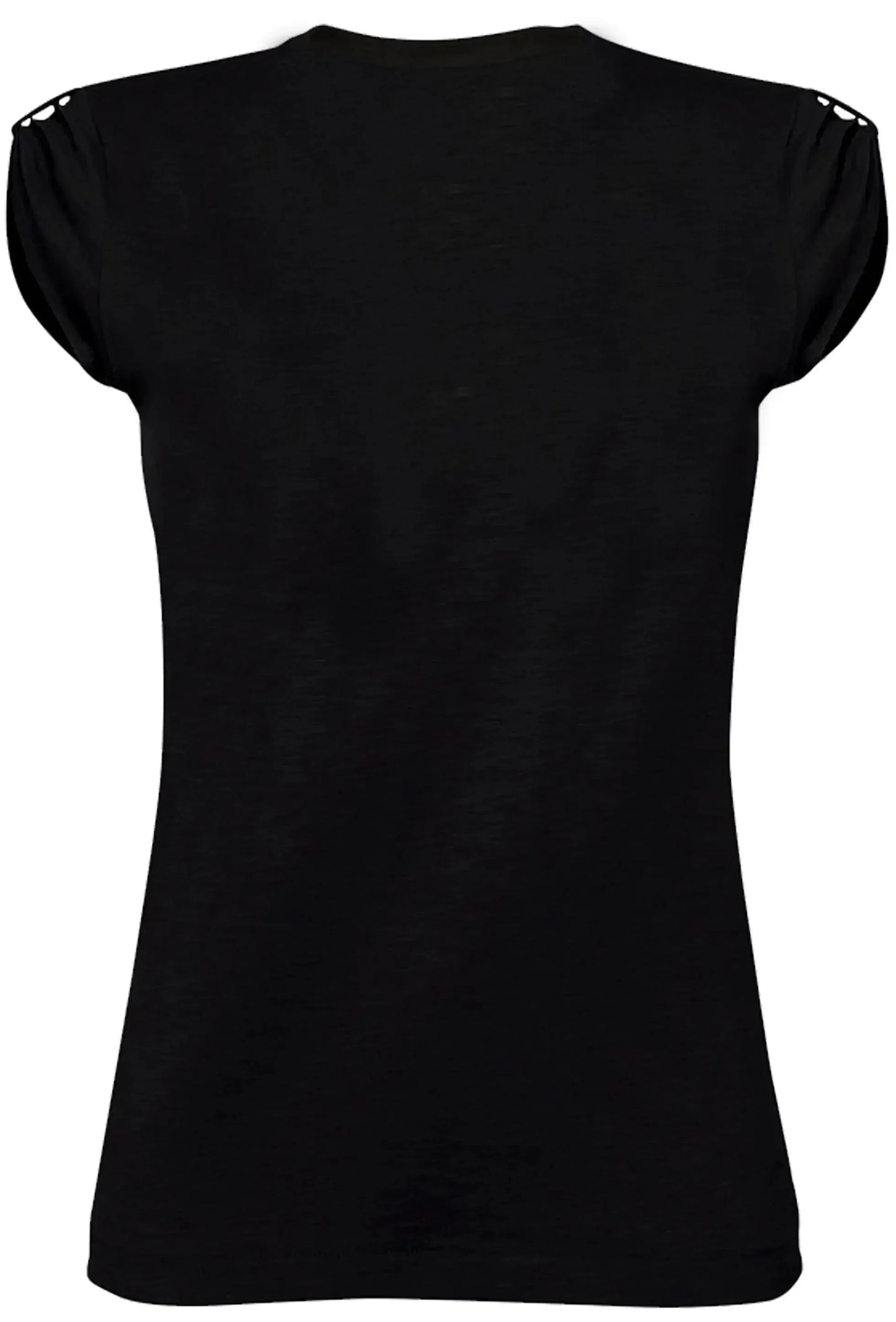 Maglietta donna streetwear nera in cotone fiammato, maniche corte con dettagli traforati