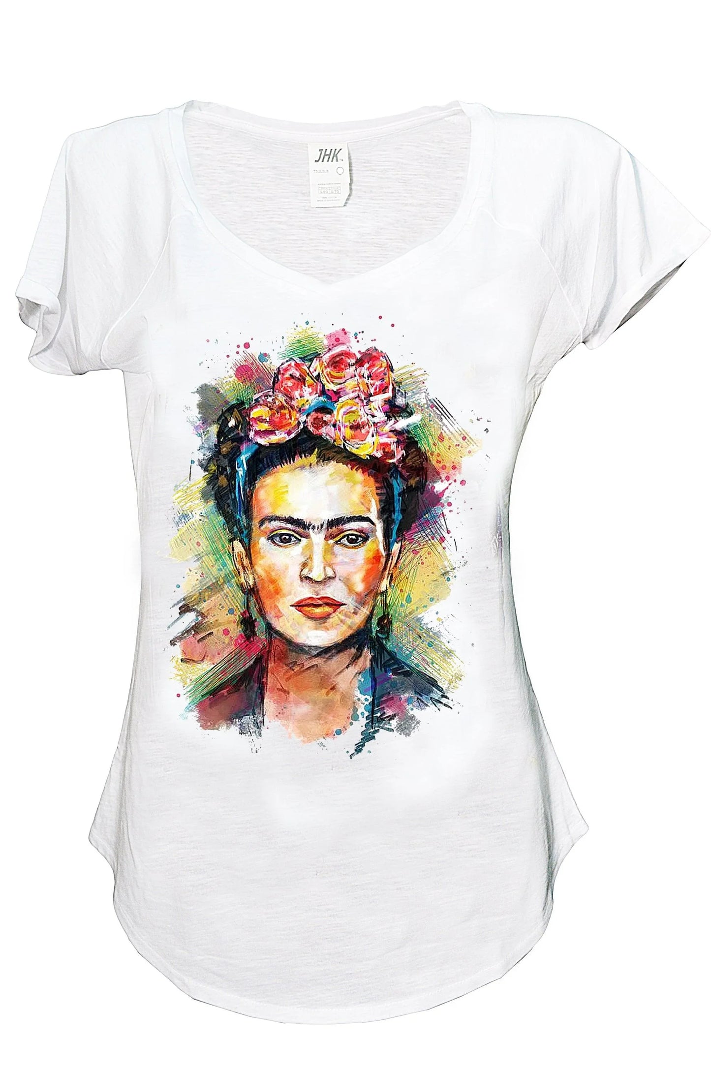 T-shirt donna bianca in cotone fiammato con stampa stilizzata multicolore ritratto urbano