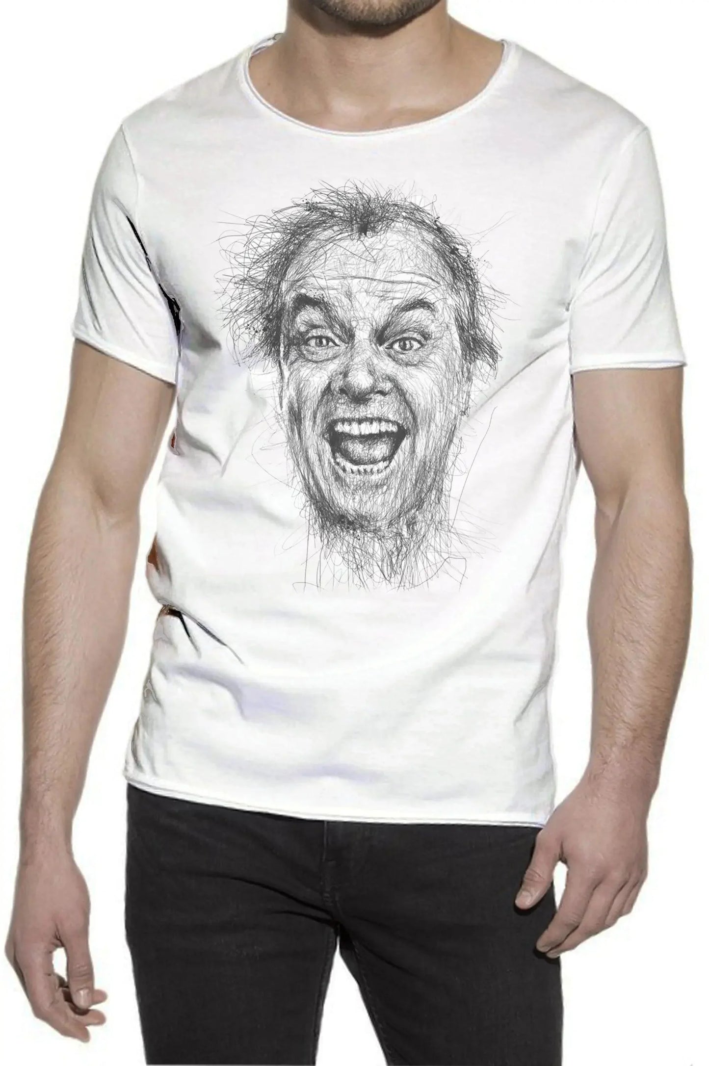 T-shirt bianca uomo cotone fiammato con grafica artistica di volto, stile streetwear urban