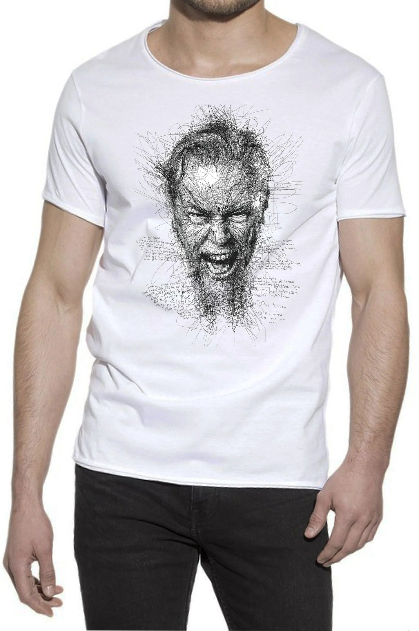 T-shirt uomo streetwear bianca in cotone con stampa artistica stilizzata nera, look urban