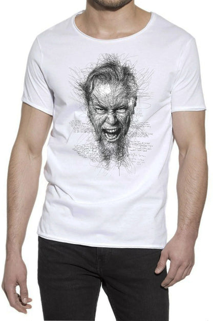 T-shirt uomo streetwear bianca in cotone con stampa artistica stilizzata nera, look urban