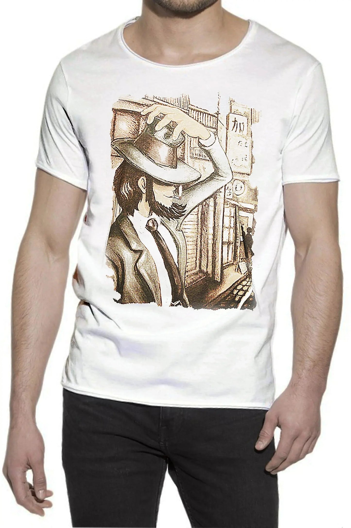 T-shirt uomo bianca 100% cotone fiammato, stampa urban streetwear con illustrazione vintage.