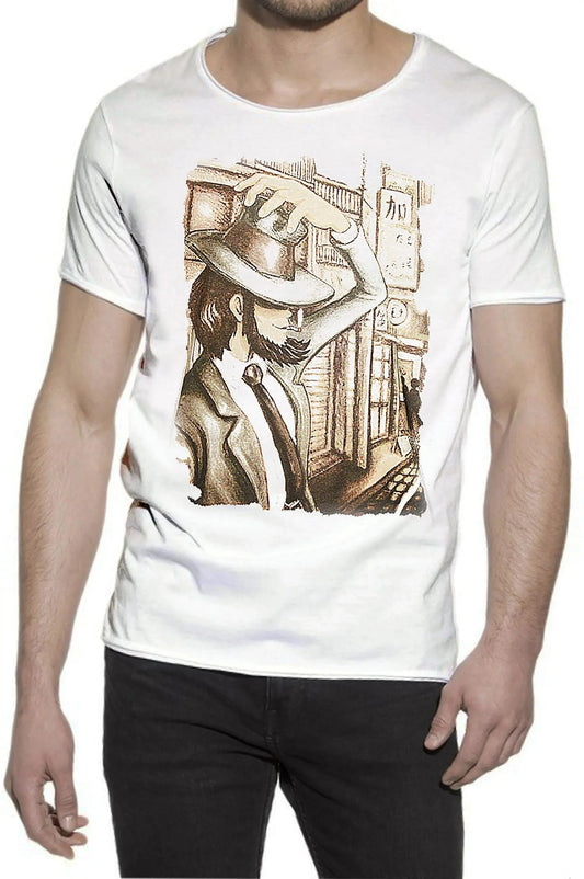 T-shirt uomo bianca 100% cotone fiammato, stampa urban streetwear con illustrazione vintage.