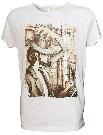 T-shirt bianca uomo in cotone fiammato con stampa stile urban streetwear, illustrazione marrone