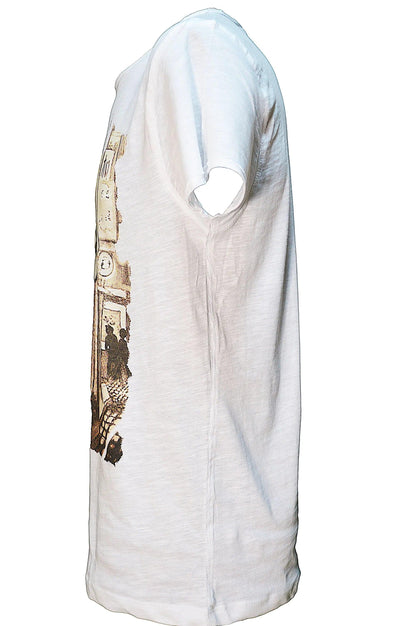 T-shirt uomo bianca in cotone fiammato, stampa urban streetwear sul lato, stile casual