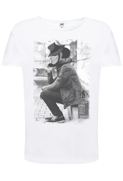 T-shirt bianca uomo cotone 100% con stampa streetwear, immagine urban in bianco e nero e dettagli cartoon.