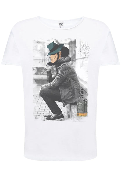 T-shirt bianca in cotone fiammato ultra light, stampa streetwear uomo seduto in stile urban, dettagli grigio e colorati.