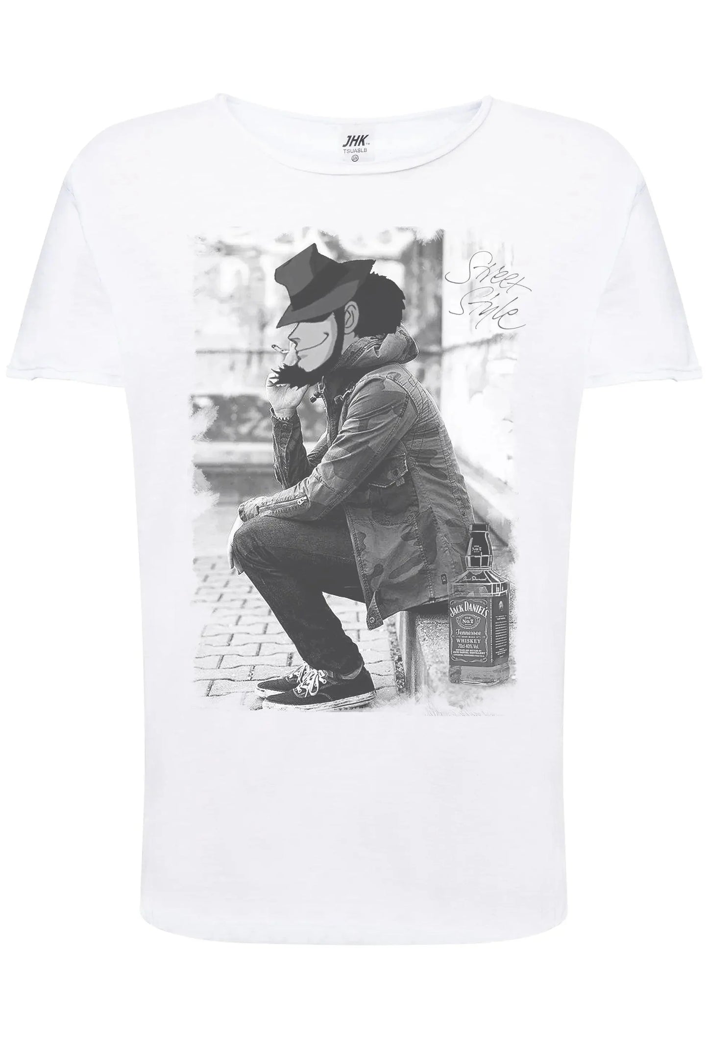 T-shirt uomo bianca in cotone, stampa streetwear in bianco e nero con personaggio cartoon, stile urban.