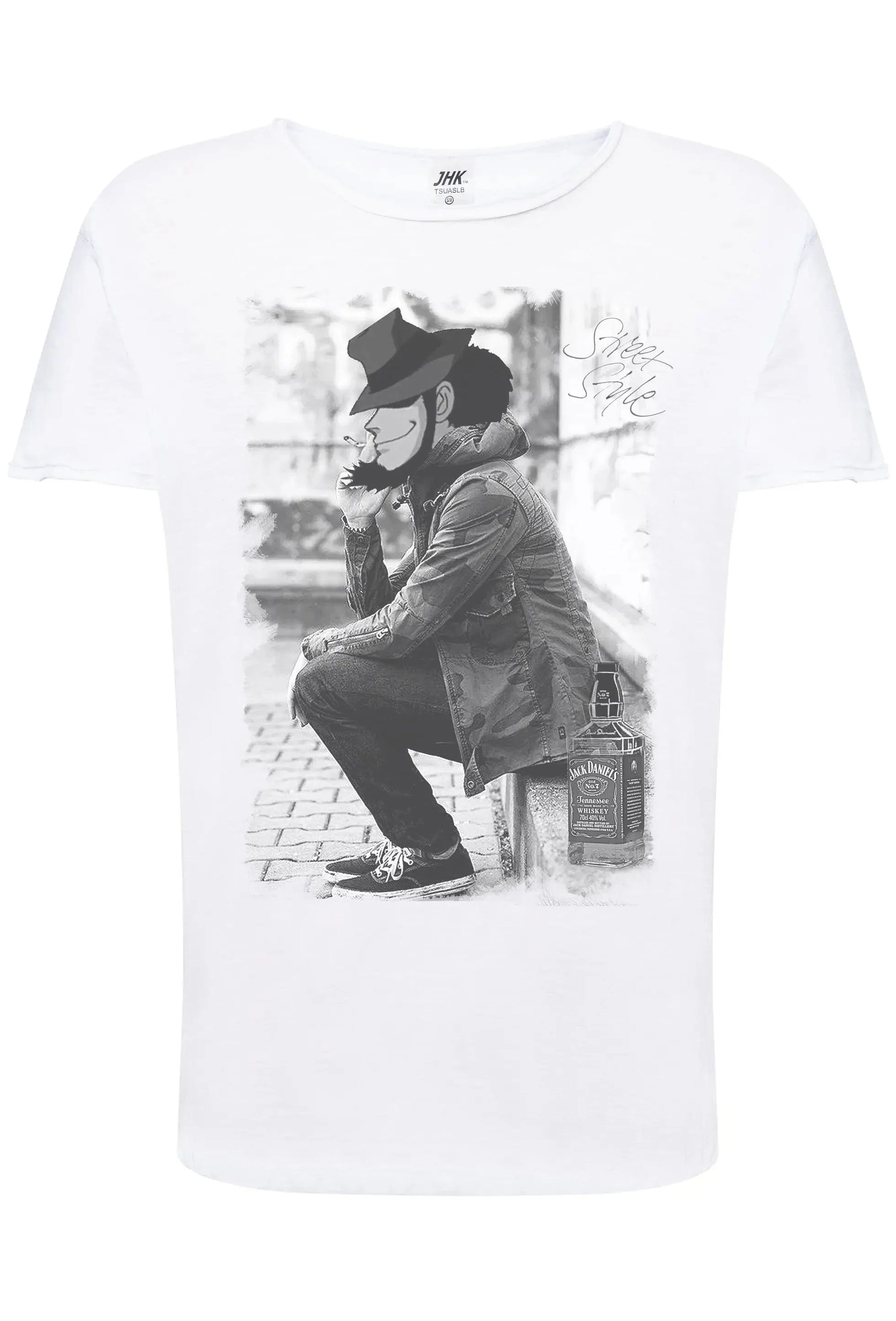 T-shirt uomo bianca in cotone, stampa streetwear in bianco e nero con personaggio cartoon, stile urban.
