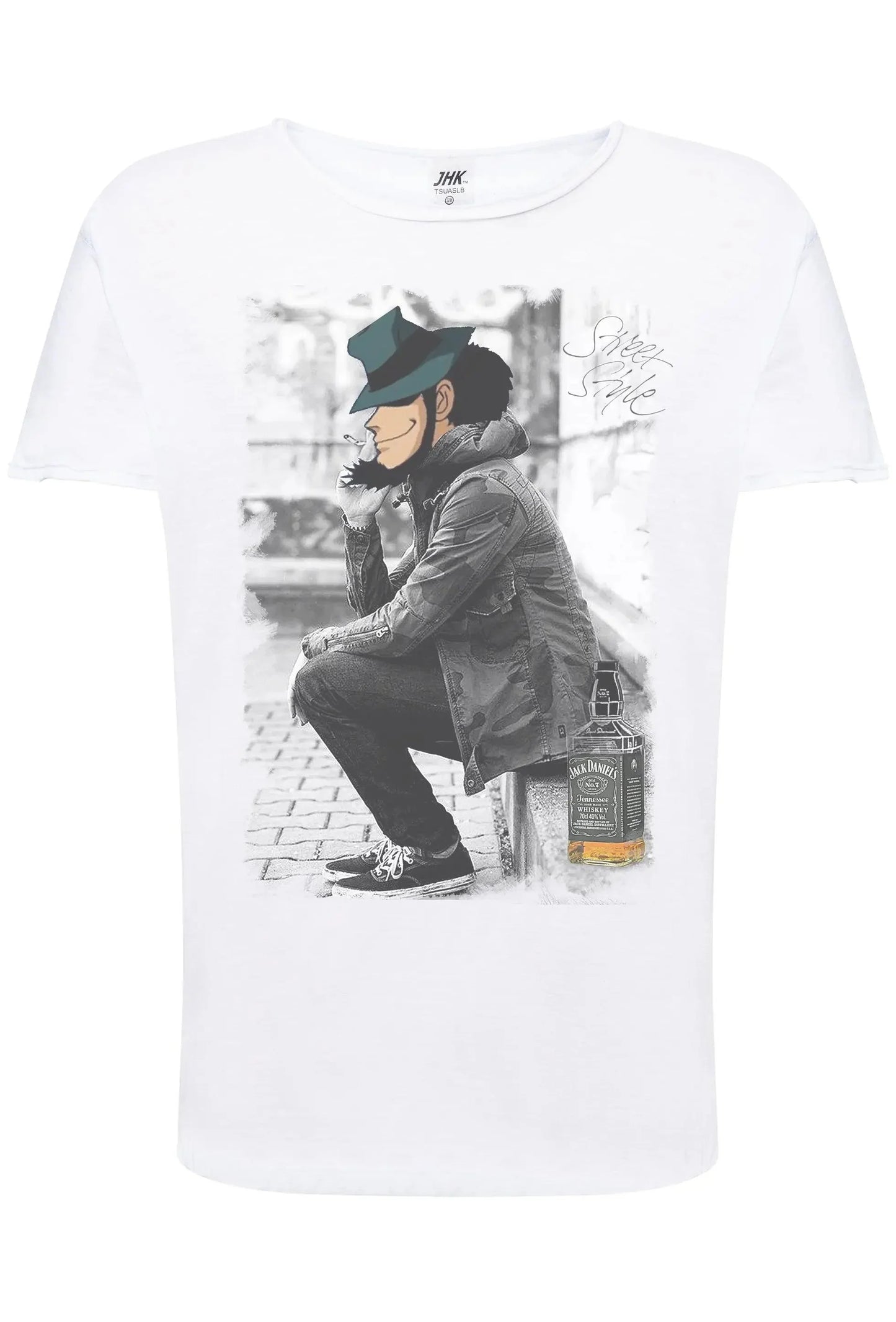 T-shirt bianca cotone con stampa streetwear: personaggio urbano seduto, dettagli grigi, stile urban.