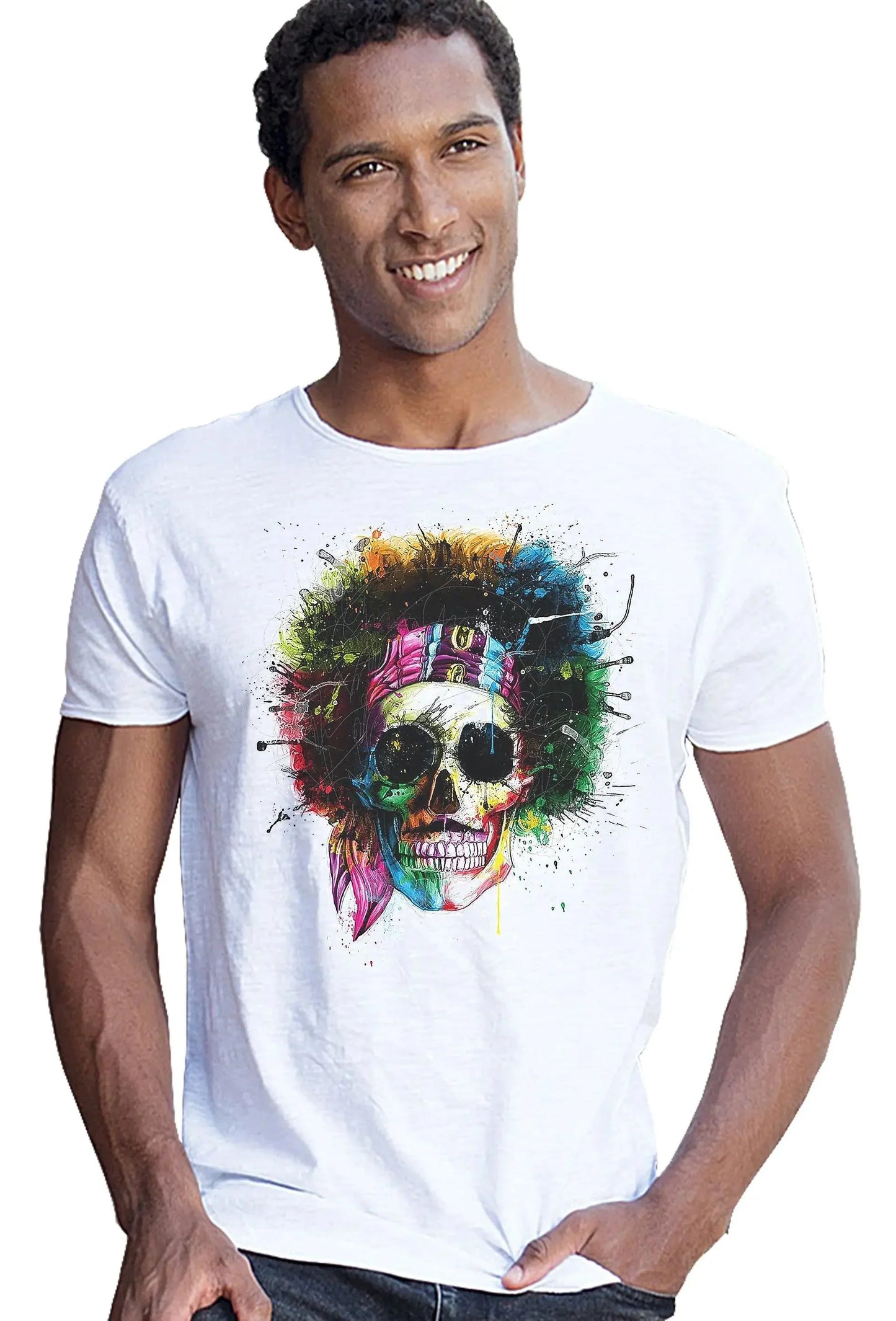T-shirt da uomo streetwear bianca in cotone, stampa colorata teschio afro con bandana, stile urban