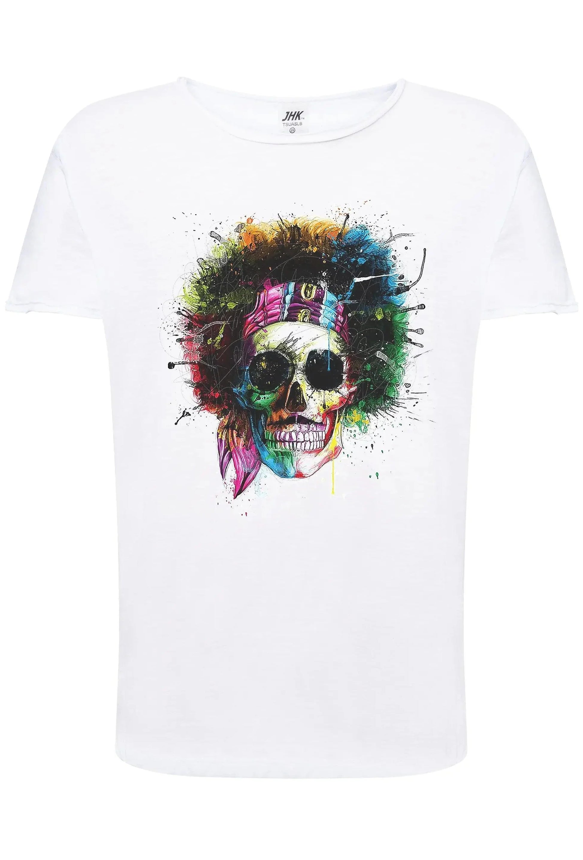 T-shirt bianca streetwear in cotone con stampa colorata artista teschio afro e bandana, stile urban