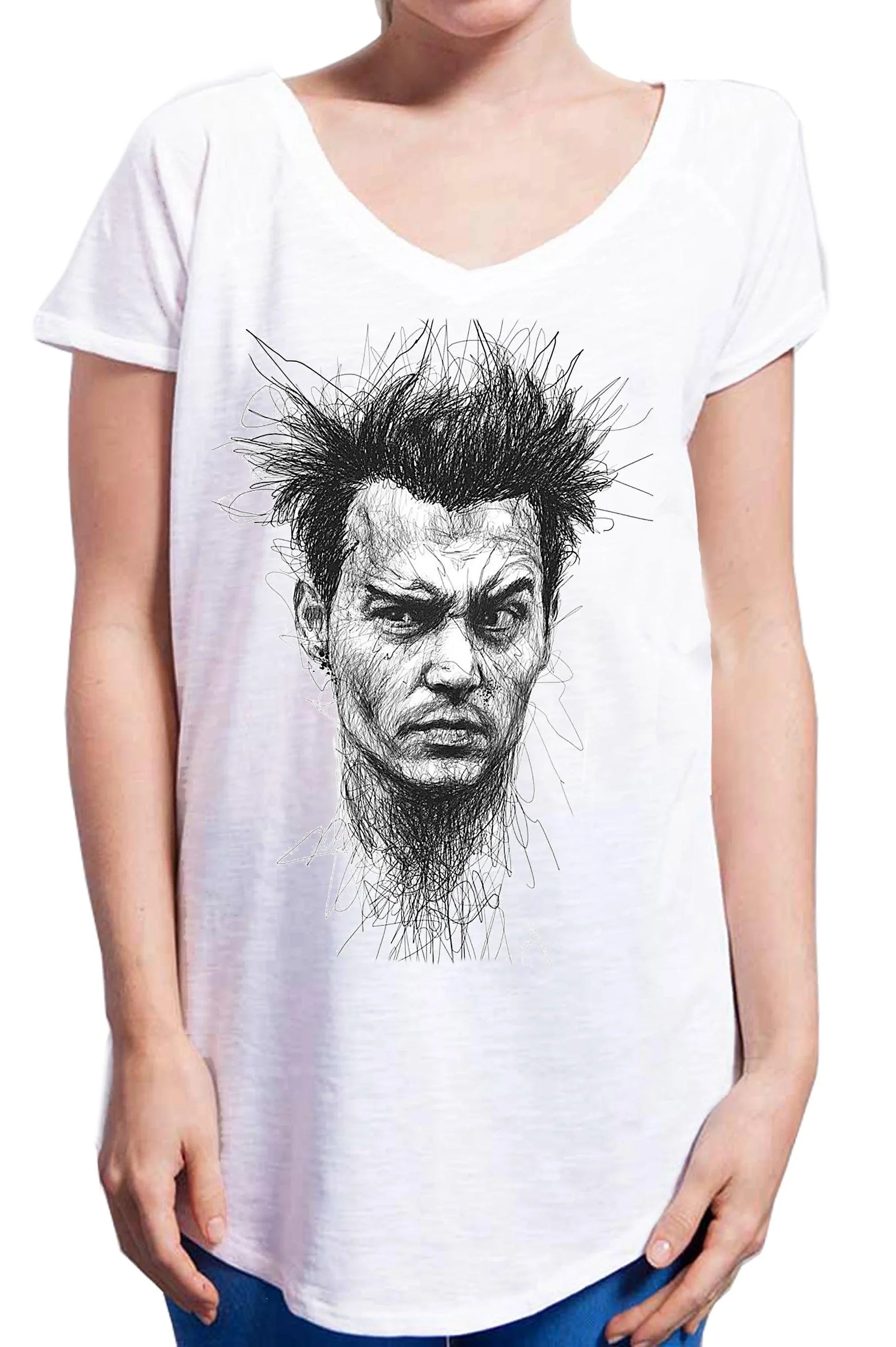 T-shirt donna bianca in cotone fiammato con stampa stilizzata volto, stile streetwear urban