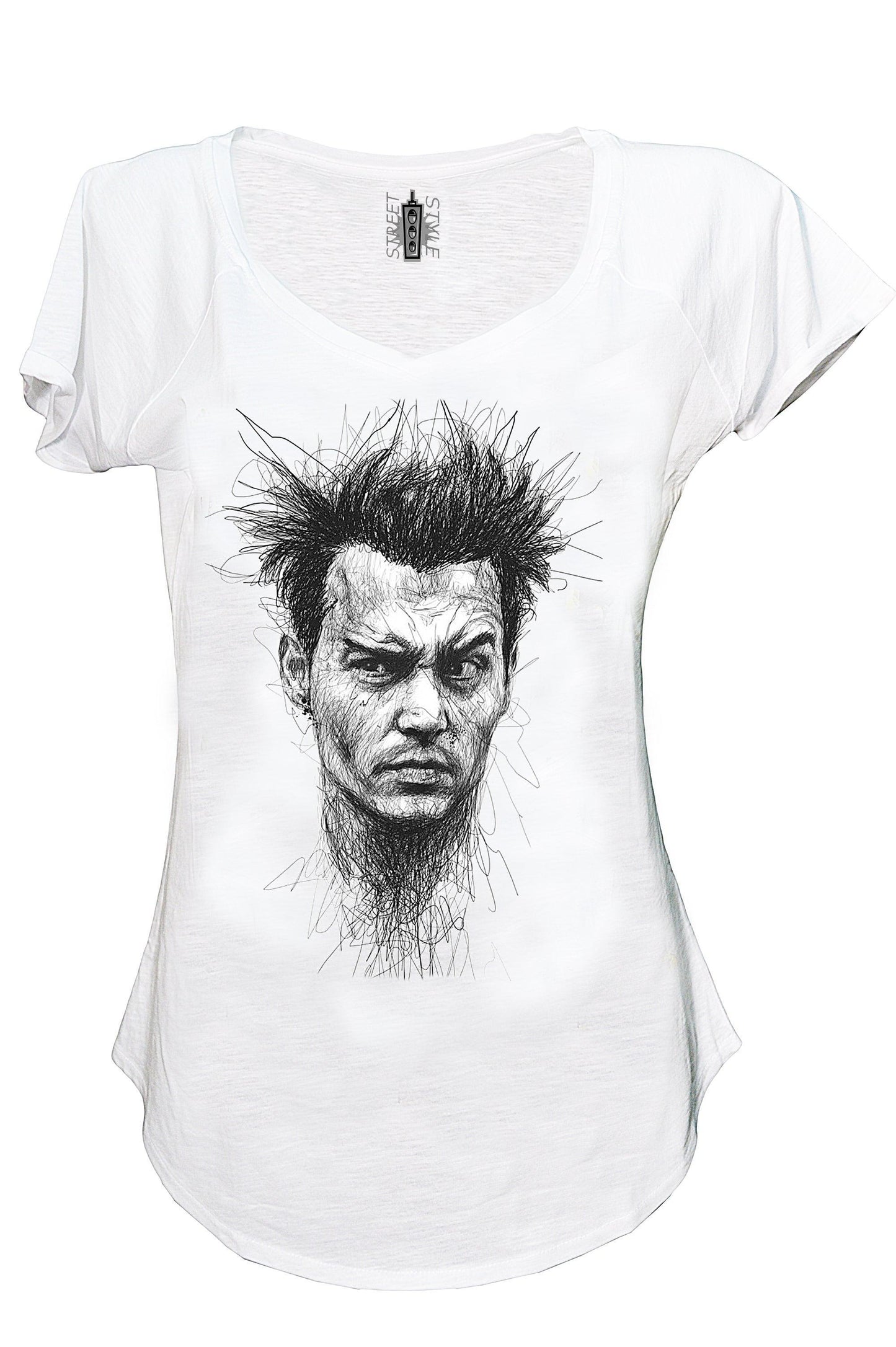 T-shirt bianca donna in cotone fiammato con stampa urban stilizzata di volto maschile, streetwear