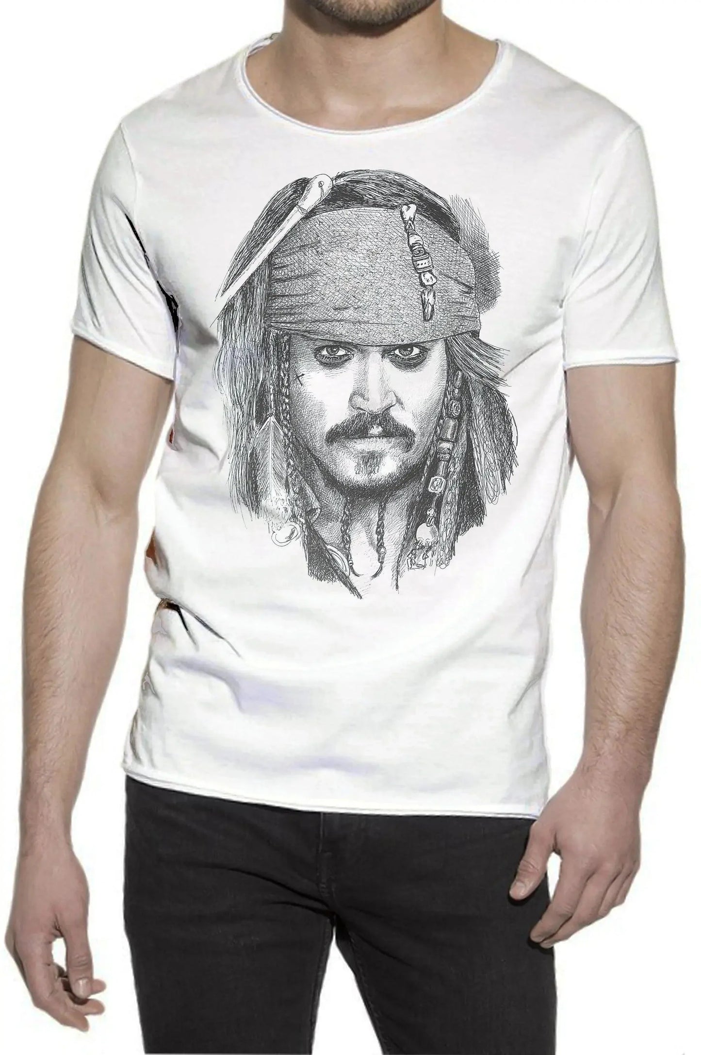 T-shirt uomo bianca in cotone con stampa disegnata di pirata, stile streetwear urban.