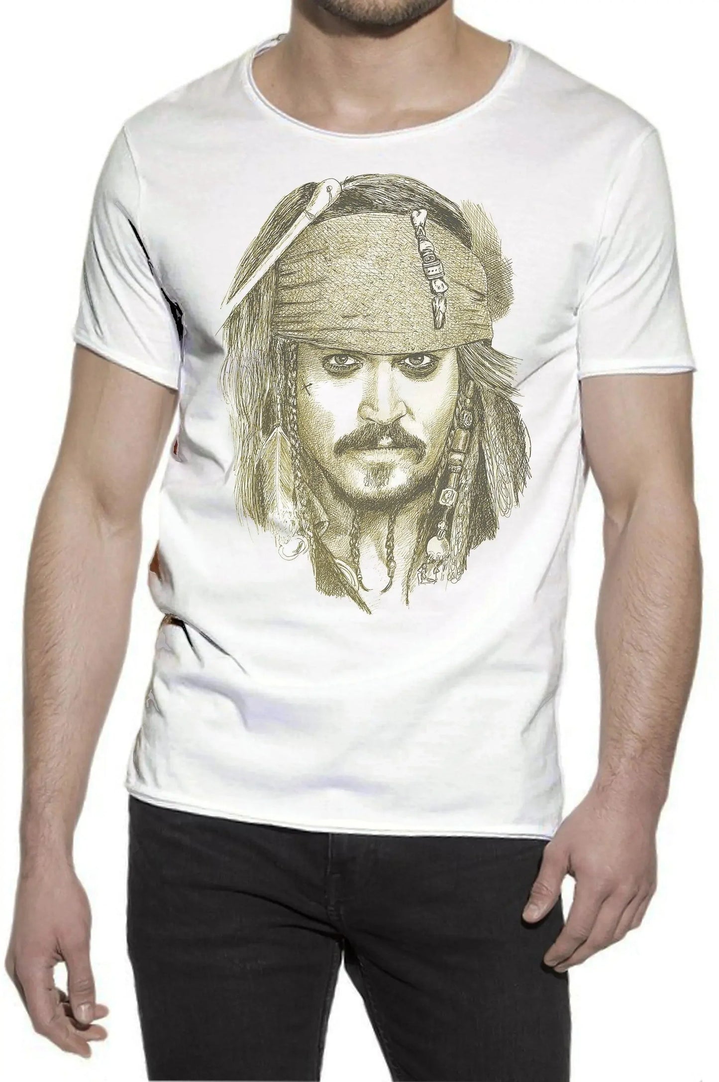 Maglietta uomo bianca in cotone fiammato con stampa streetwear in stile urban, ritratto disegnato di pirata.
