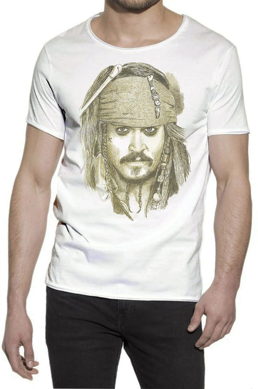 Maglietta uomo bianca in cotone fiammato con stampa streetwear in stile urban, ritratto disegnato di pirata.