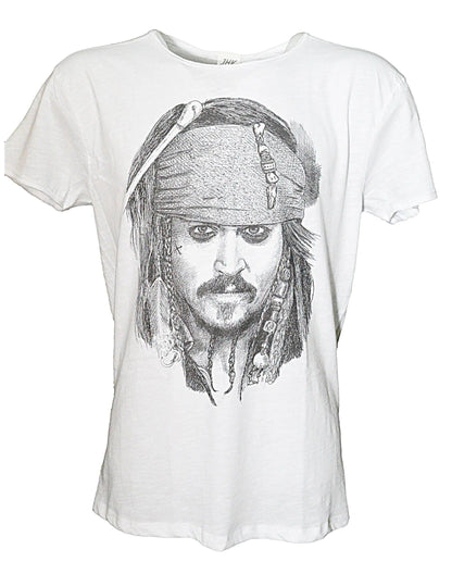 T-shirt uomo bianca in cotone fiammato con stampa streetwear di volto piratesco, stile urban.