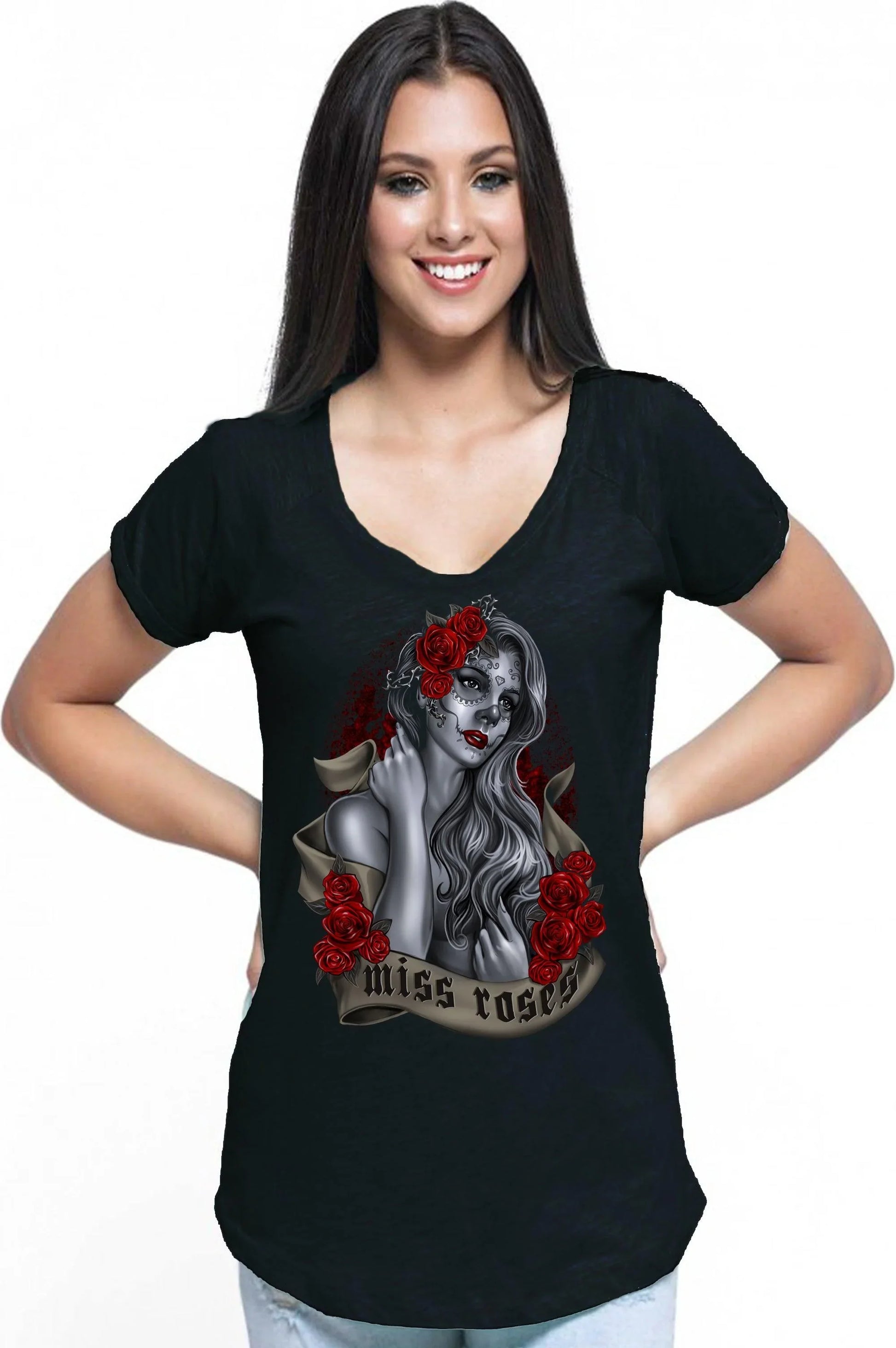 T-shirt nera streetwear da donna 100% cotone, stampa urban skull tattoo con donna grigia e rose rosse