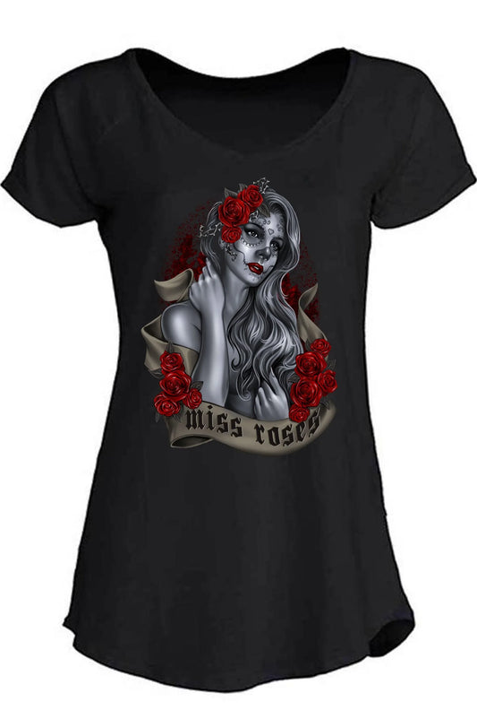 T-shirt donna streetwear nera in cotone, stampa urban skull lady con rose rosse e scritta Miss Roses.
