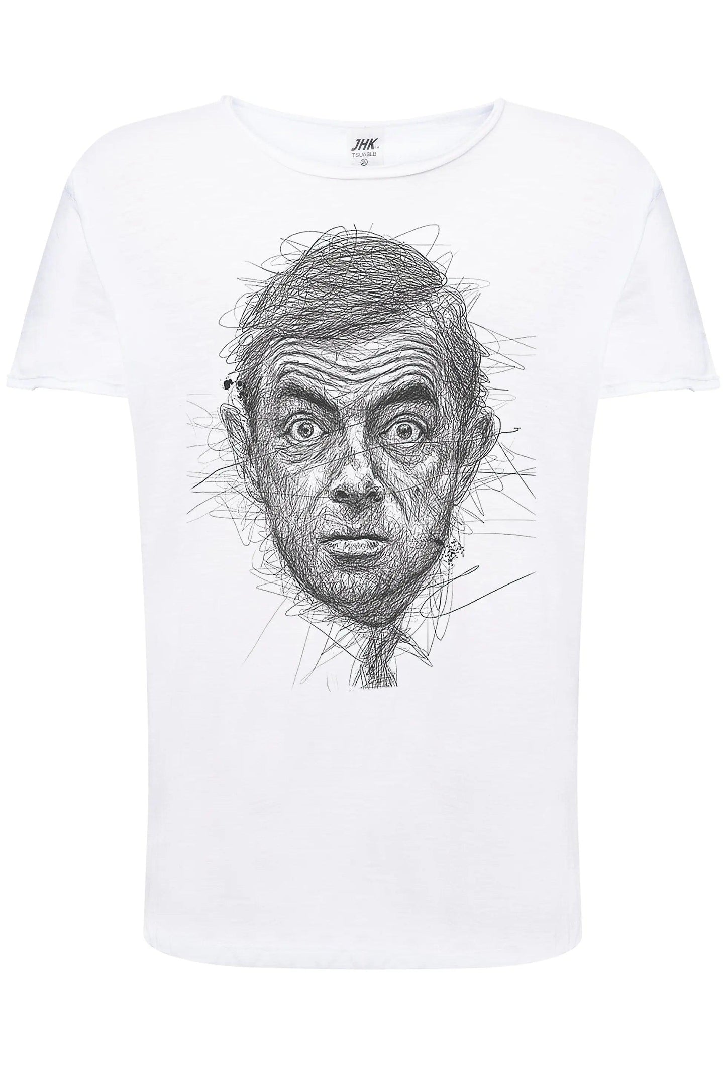 T-shirt uomo bianca in cotone fiammato con stampa streetwear ritratto stilizzato, stile urban