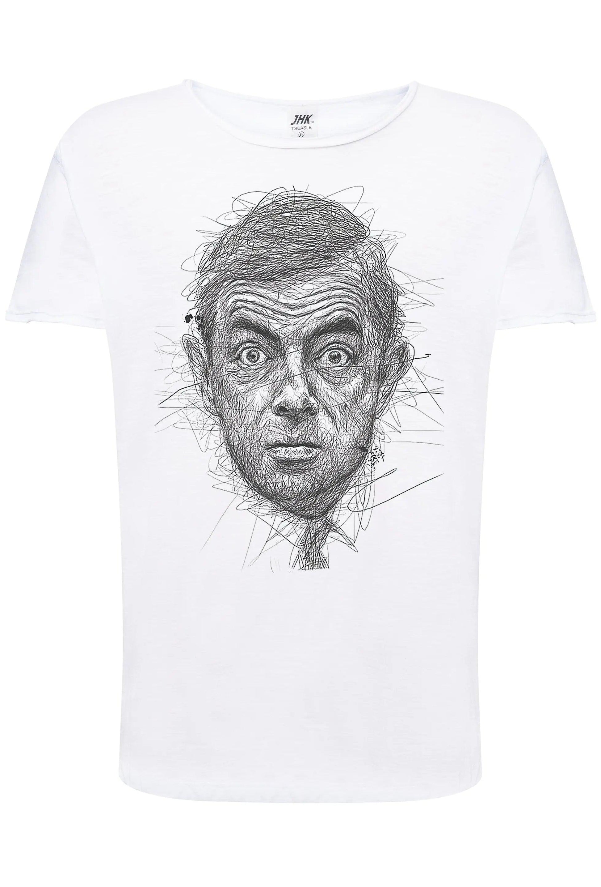 T-shirt uomo bianca in cotone fiammato con stampa streetwear ritratto stilizzato, stile urban