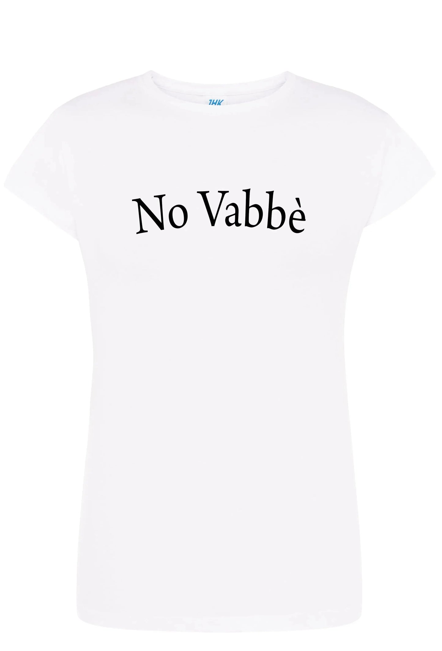 T-shirt donna bianca streetwear in cotone con scritta nera 'No Vabbè', stile urban casual.