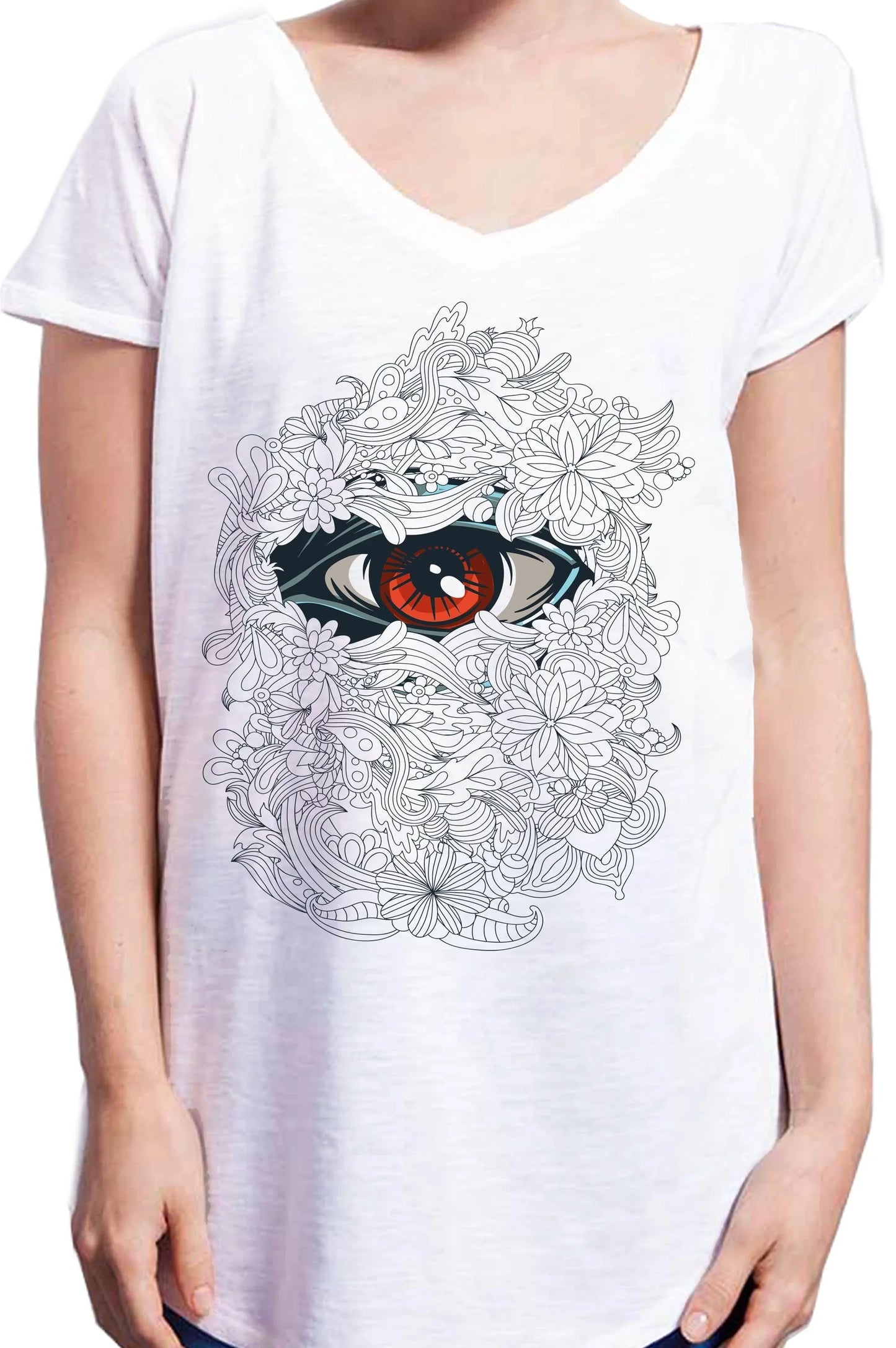 T-shirt donna bianca in cotone con stampa occhio stilizzato rosso, dettagli floreali neri, stile streetwear urban.