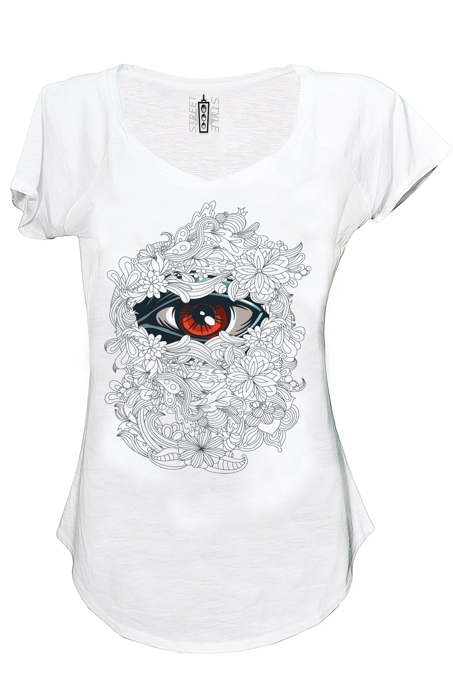 T-shirt donna streetwear bianca in cotone fiammato, stampa occhio stilizzato rosso e motivi floreali urban