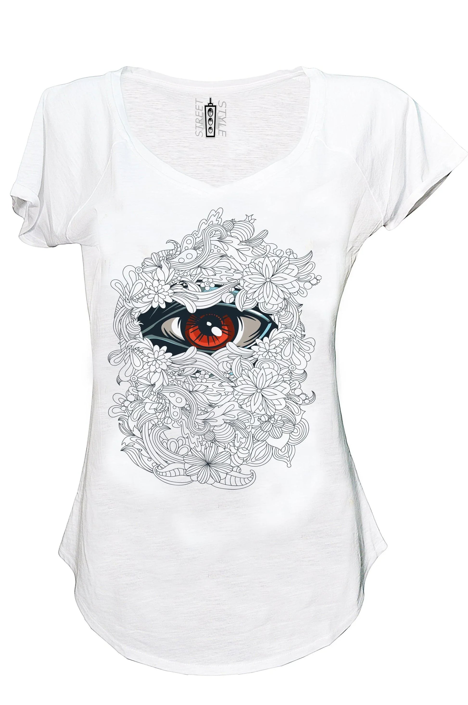 T-shirt donna streetwear bianca in cotone fiammato, stampa occhio stilizzato rosso e motivi floreali urban