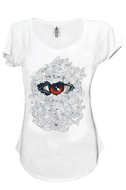 T-shirt donna streetwear bianca in cotone fiammato, stampa occhio stilizzato rosso e motivi floreali urban