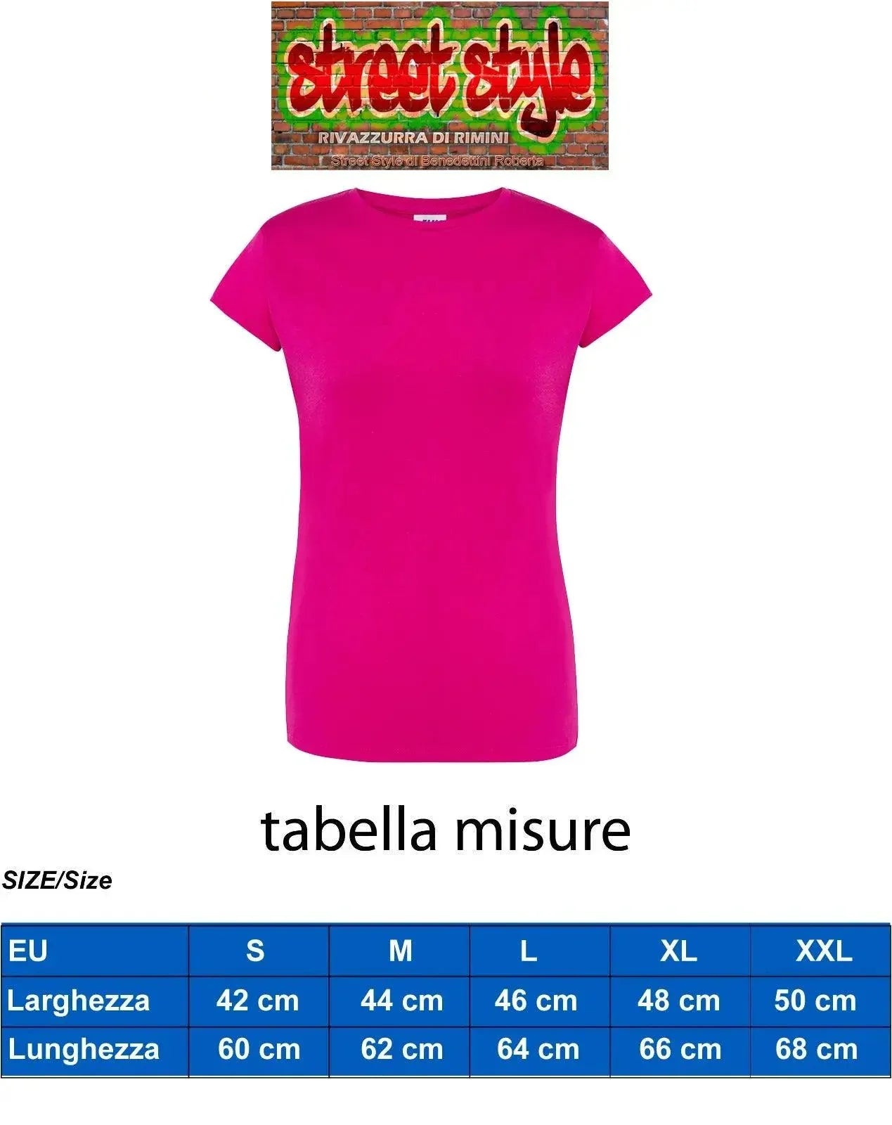 T-shirt donna magenta in cotone pettinato, stile streetwear, fit regolare, guida alle taglie.