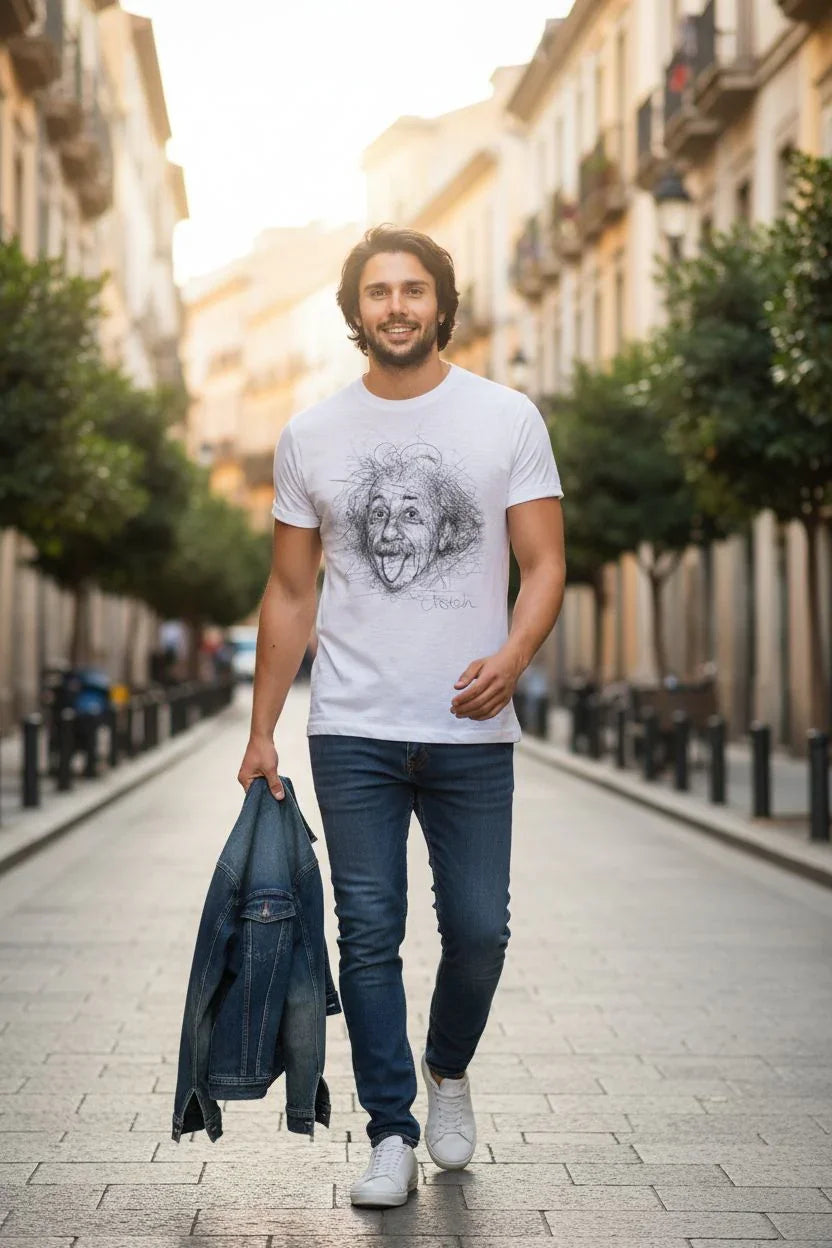 Uomo con t-shirt bianca stampata, jeans blu e giacca denim streetwear stile urban
