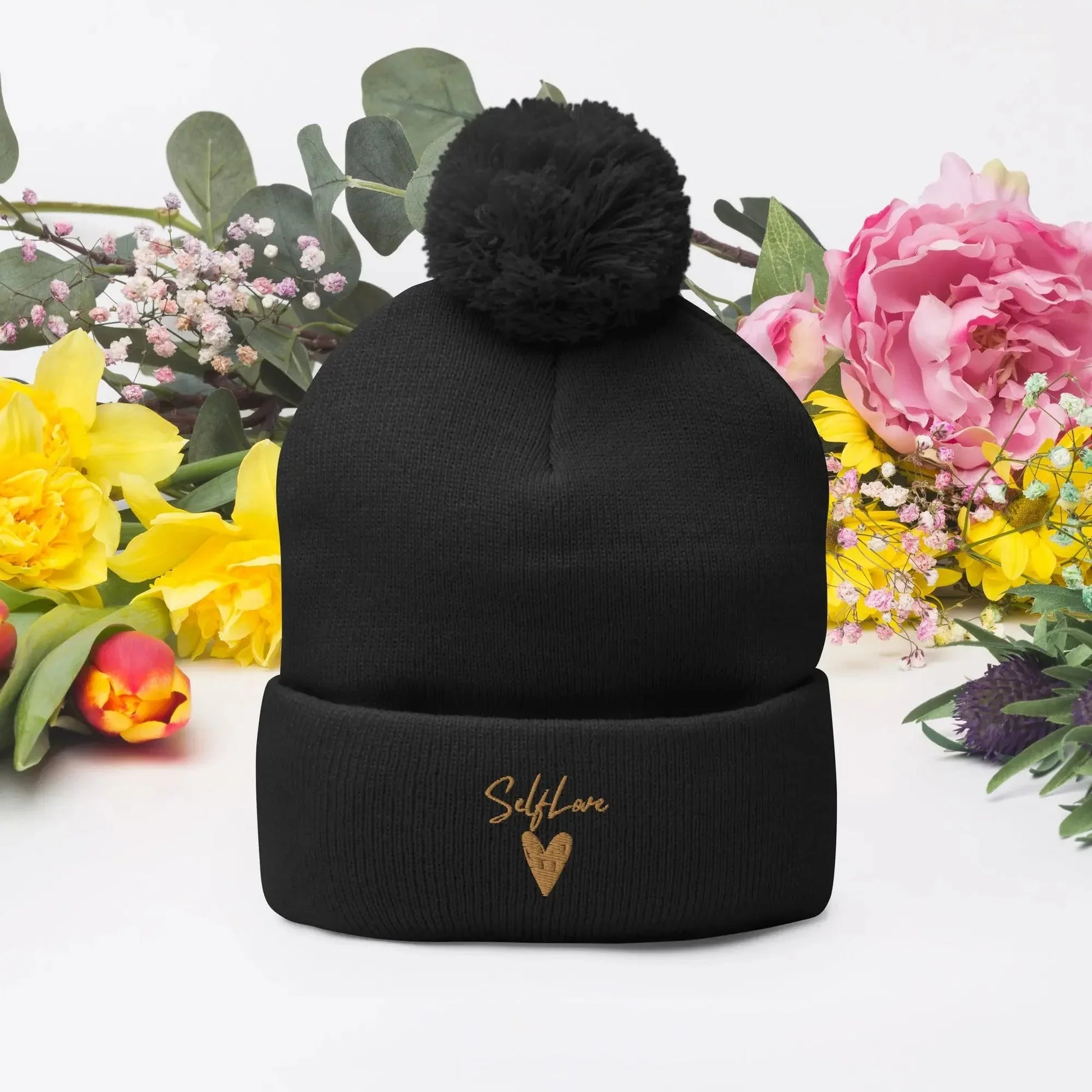 Self Love Pom-Pom Beanie - Women's Beanie with Embroidery - STREET STYLE