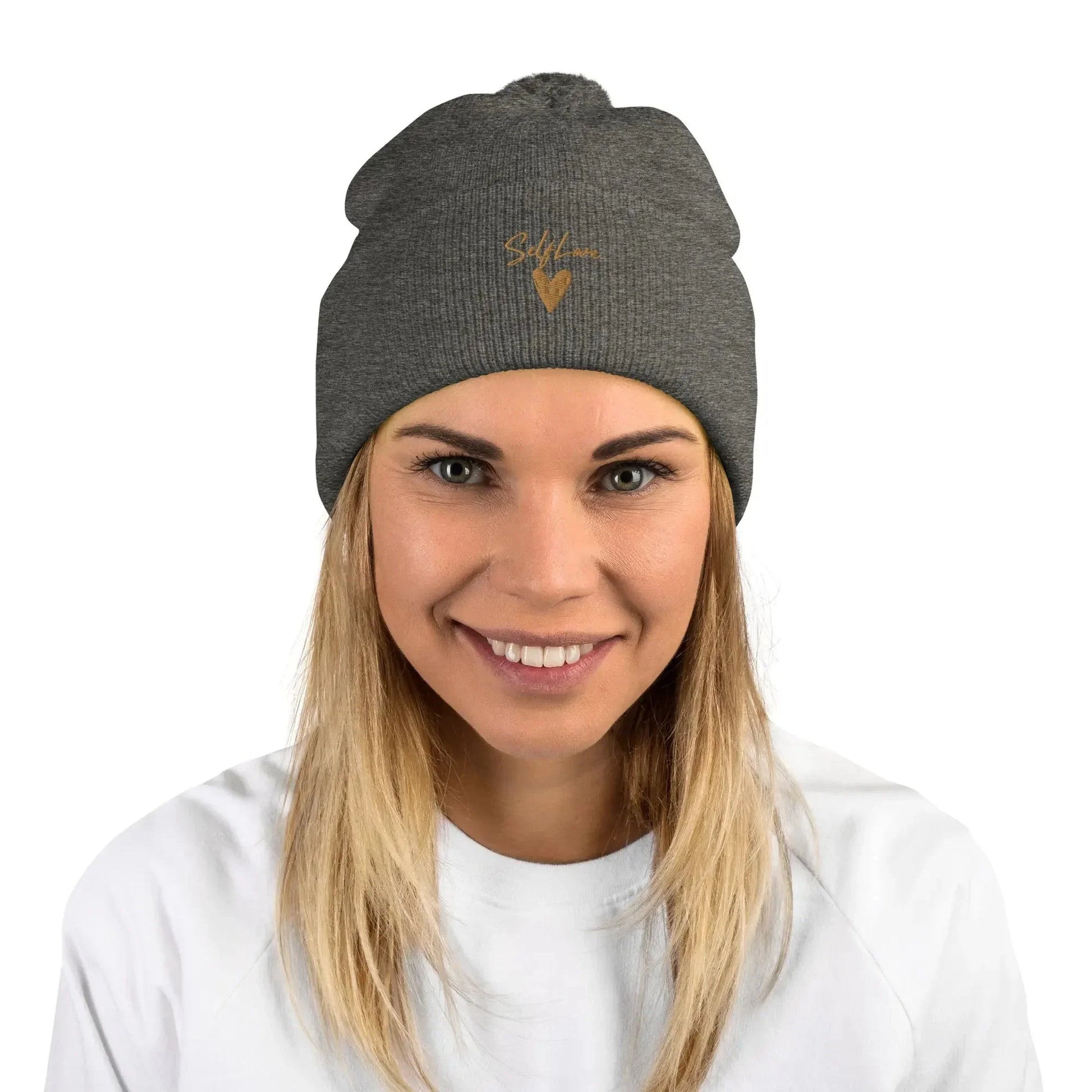 Self Love Pom-Pom Beanie - Women's Beanie with Embroidery - STREET STYLE