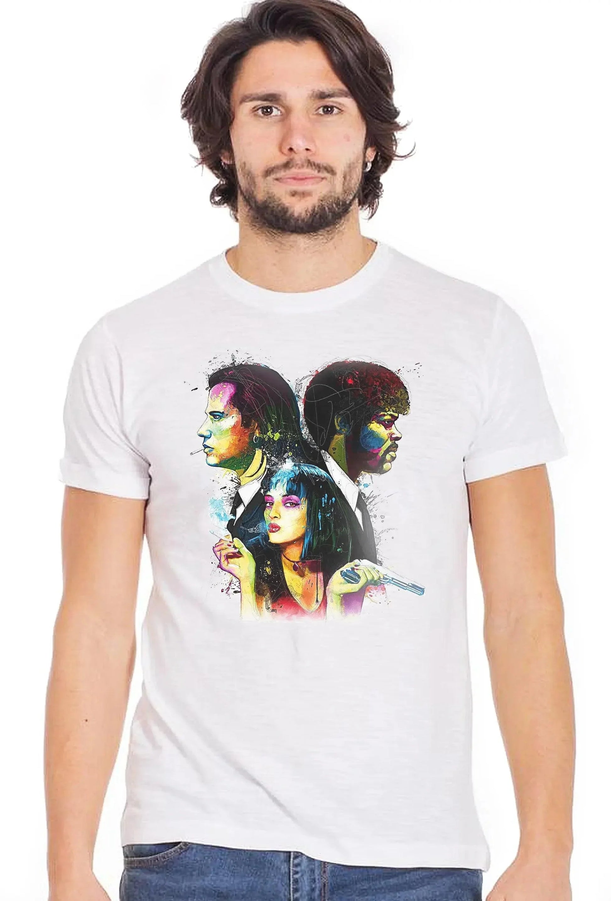 Maglietta uomo bianca in cotone con stampa colorata stile streetwear, motivi urban pop art.