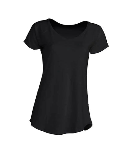 T-shirt donna nera in cotone, maniche corte, taglio morbido, stile streetwear urban