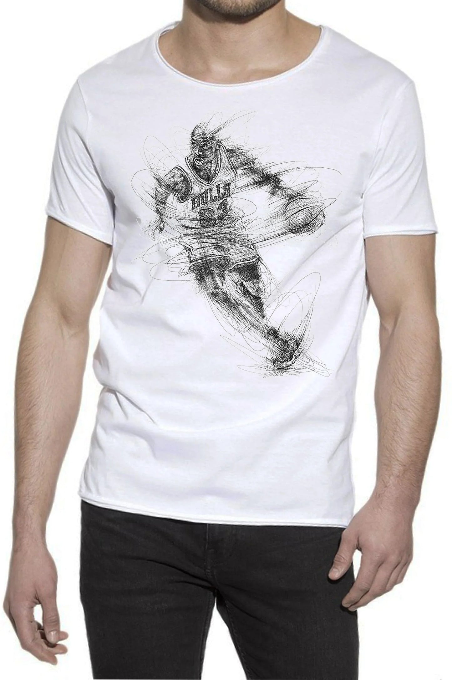 T-shirt bianca uomo cotone fiammato con stampa stilizzata giocatore basket, stile streetwear urban