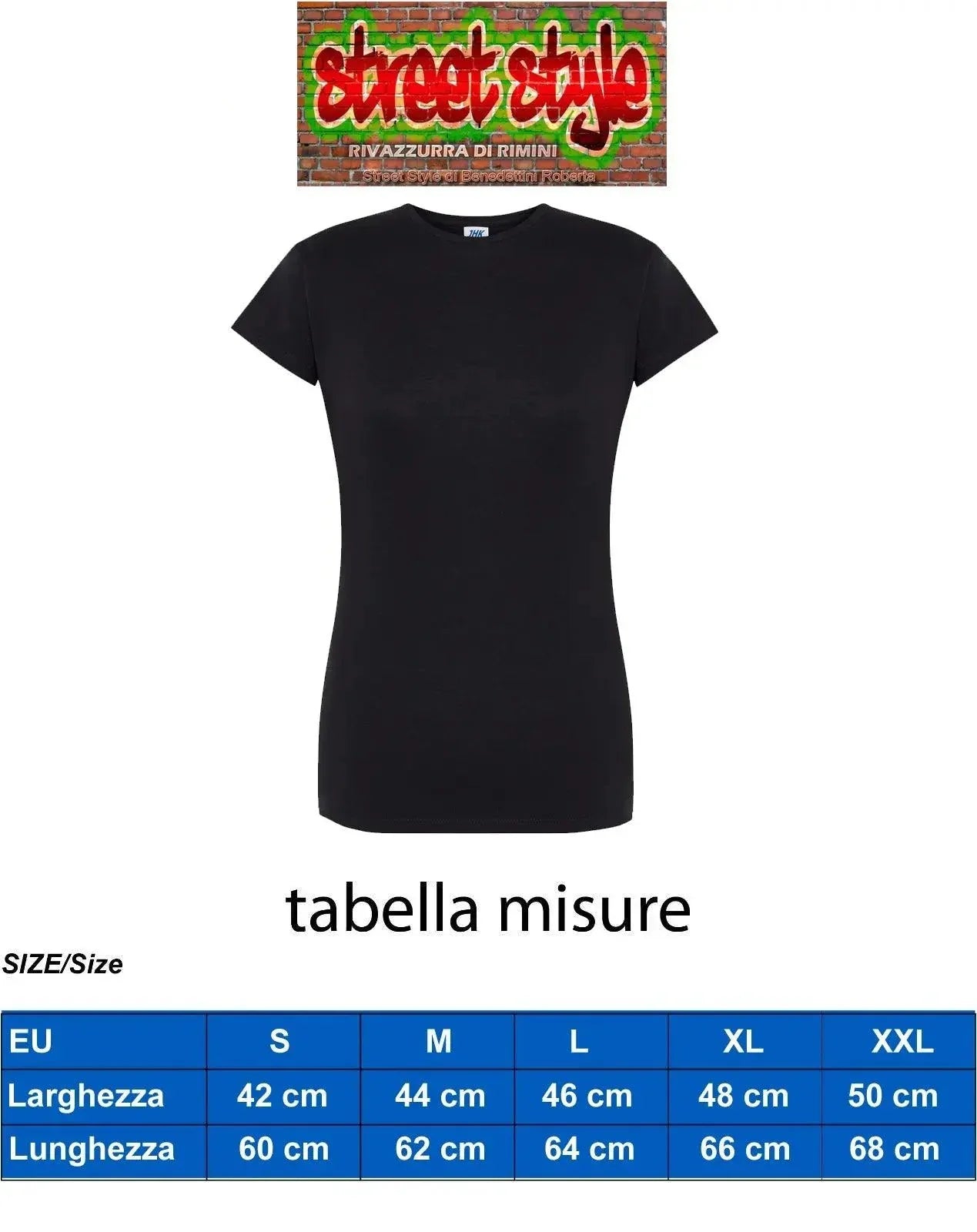 T-shirt donna nera in cotone pettinato, stile streetwear, vestibilità slim, tabella misure.
