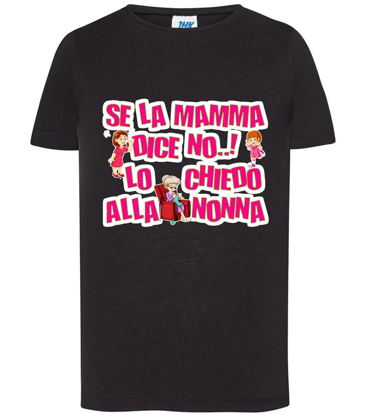T-shirt nera slim da bambina stile streetwear, cotone, stampa colorata e scritta Se la mamma dice no lo chiedo alla nonna con illustrazioni.