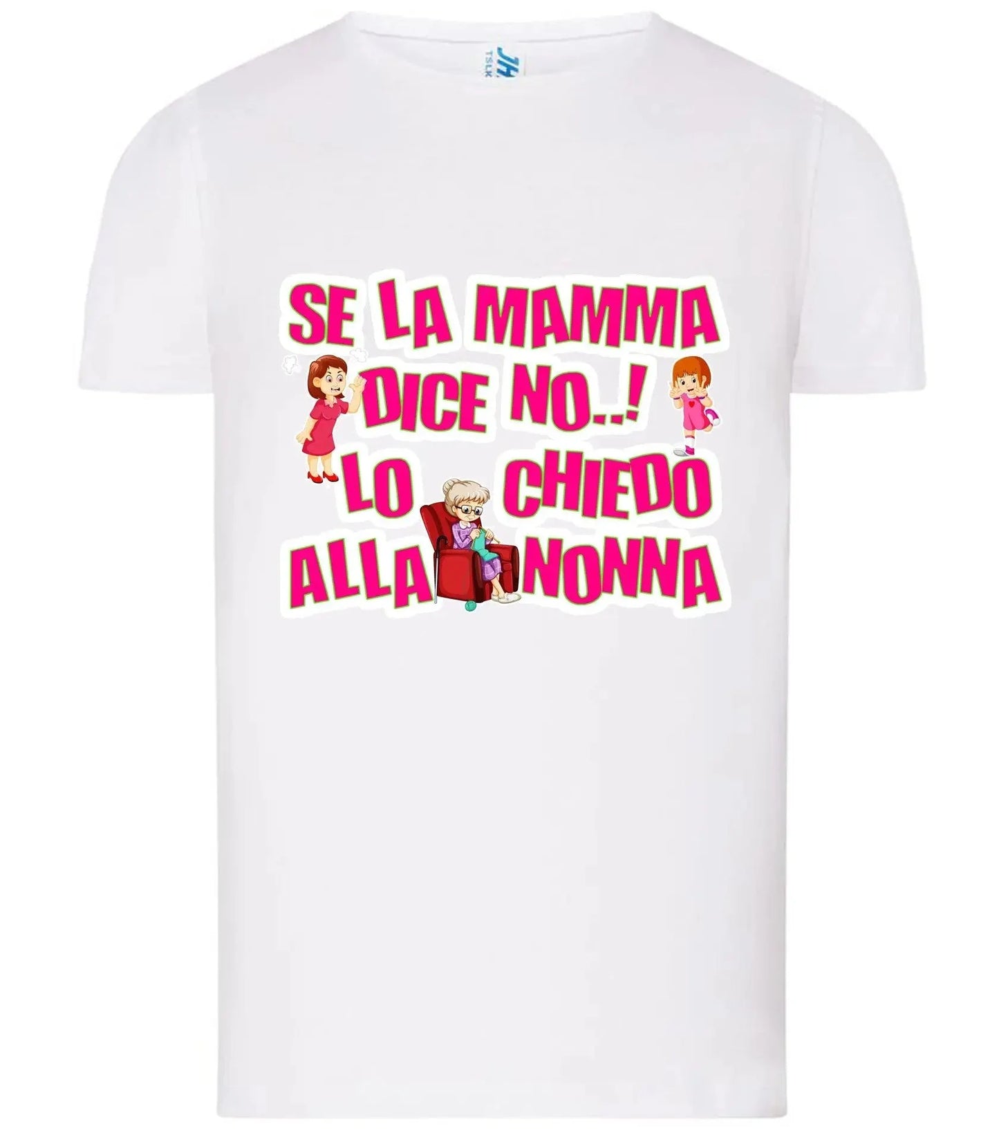 T-shirt bianca slim fit streetwear con stampa fumetto e testo rosa "Se la mamma dice no lo chiedo alla nonna".