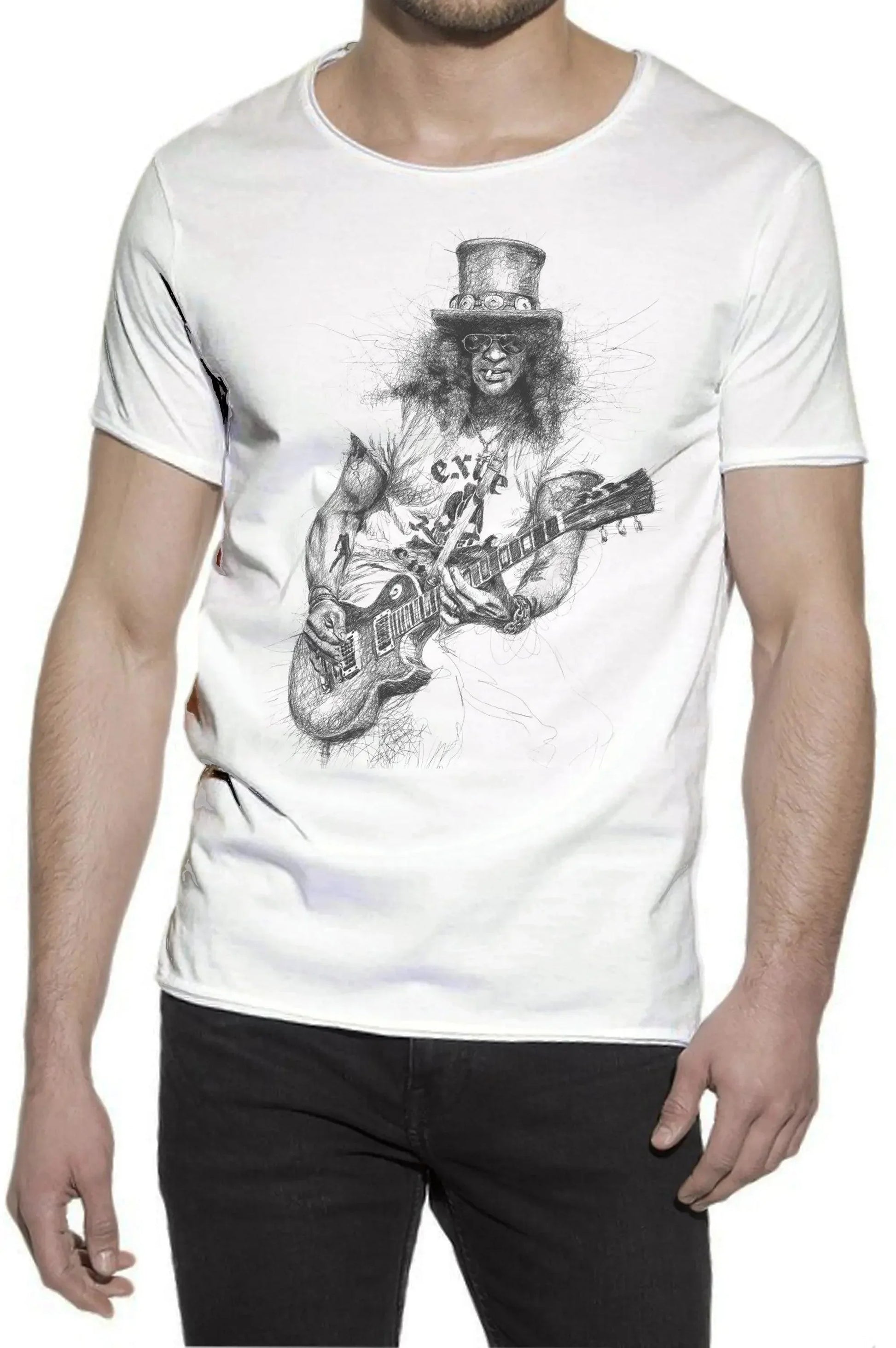 T-shirt uomo bianca in cotone fiammato con stampa streetwear di chitarrista rock, stile urban