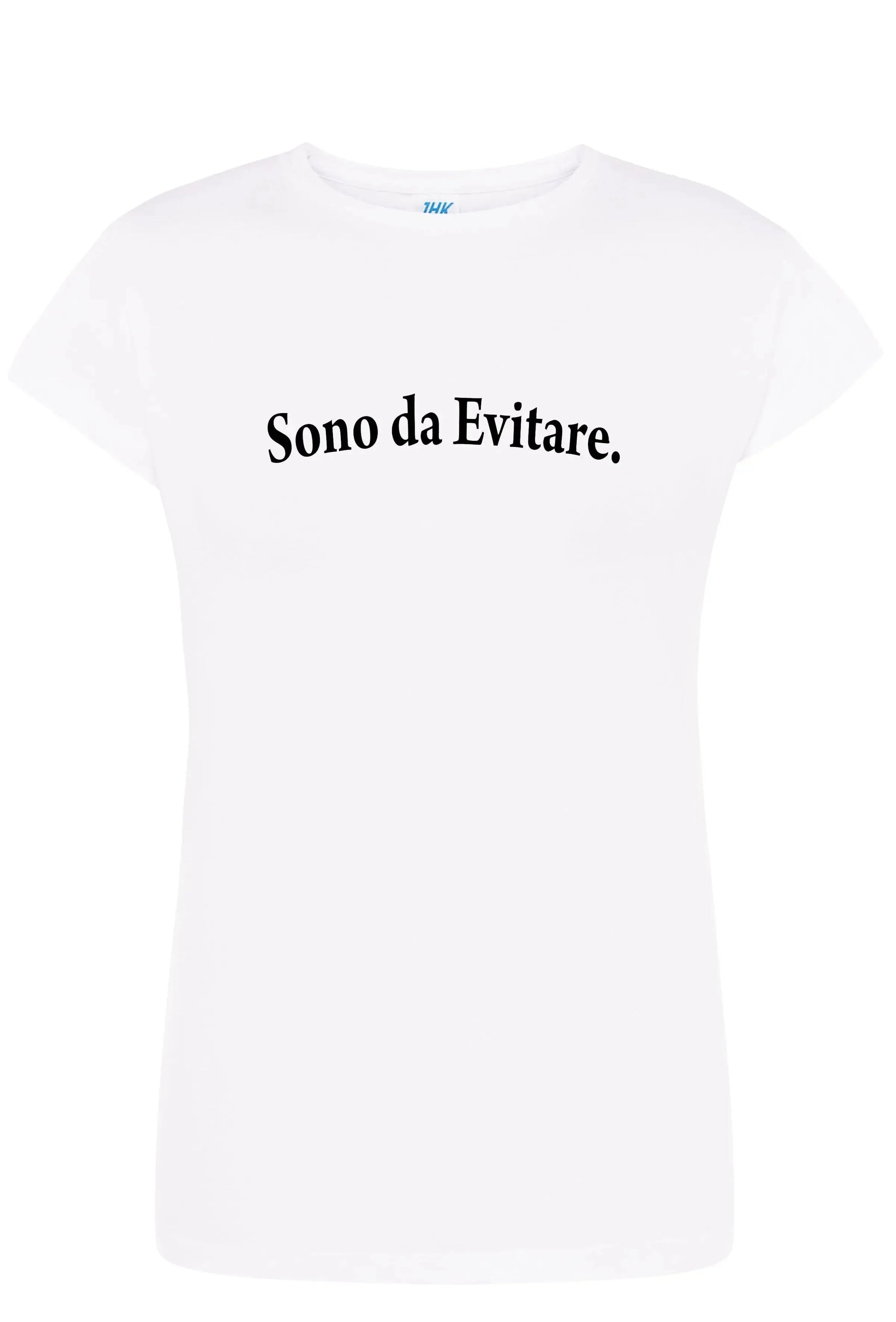 T-shirt donna bianco cotone pettinato con scritta 'Sono da Evitare.' in stile streetwear urban