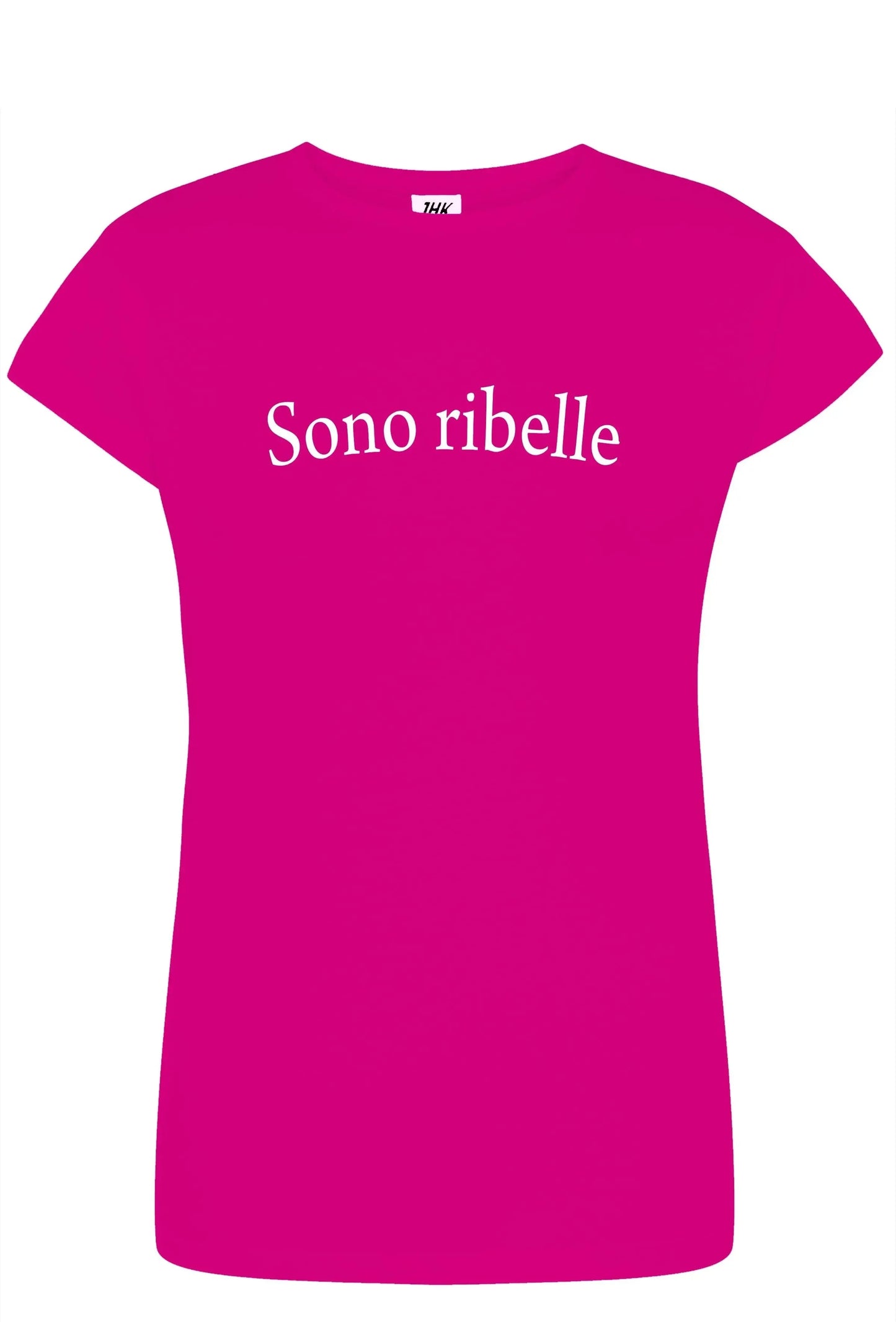 T-shirt donna streetwear fucsia in cotone pettinato con scritta Sono ribelle, stile urban