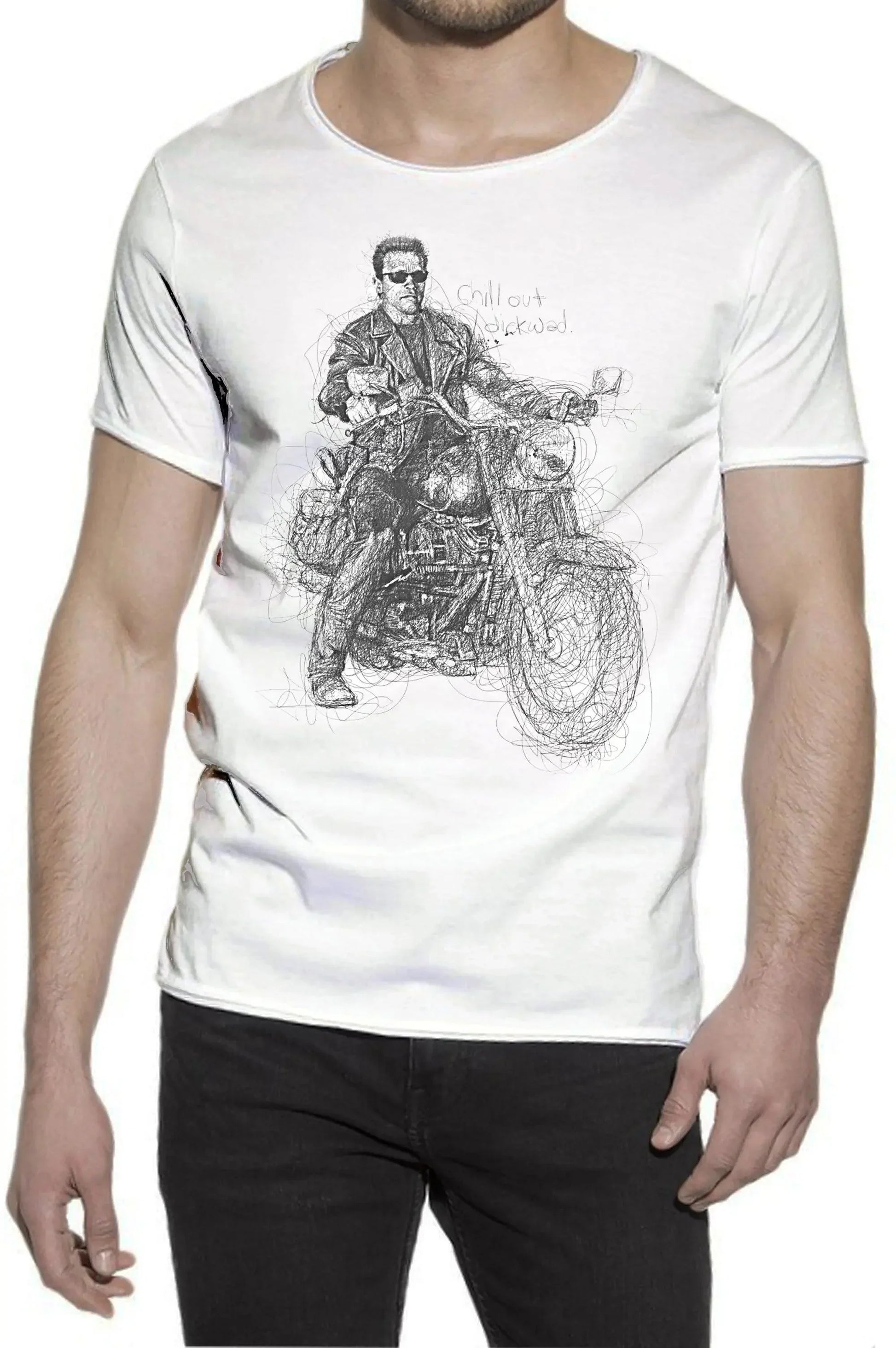 T-shirt uomo bianca in cotone fiammato con stampa urban streetwear di motociclista nero