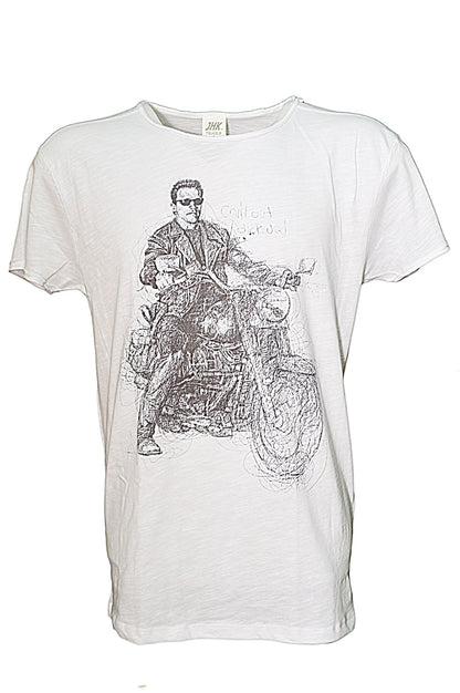 T-shirt uomo bianca, cotone fiammato, stampa streetwear urban di biker con giacca e occhiali