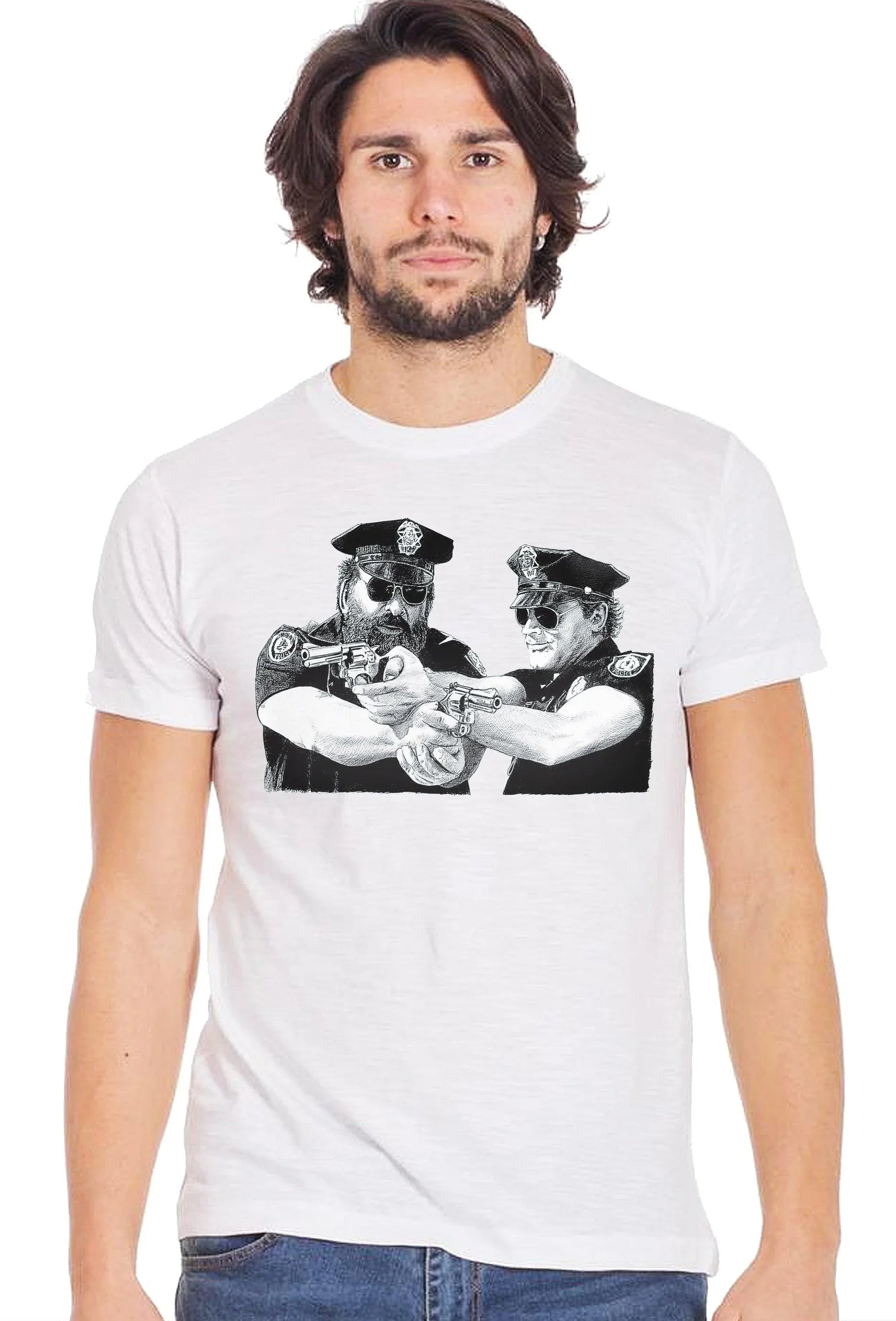 Maglietta uomo bianca cotone streetwear con stampa policemen in stile cinema anni 70, stile urban
