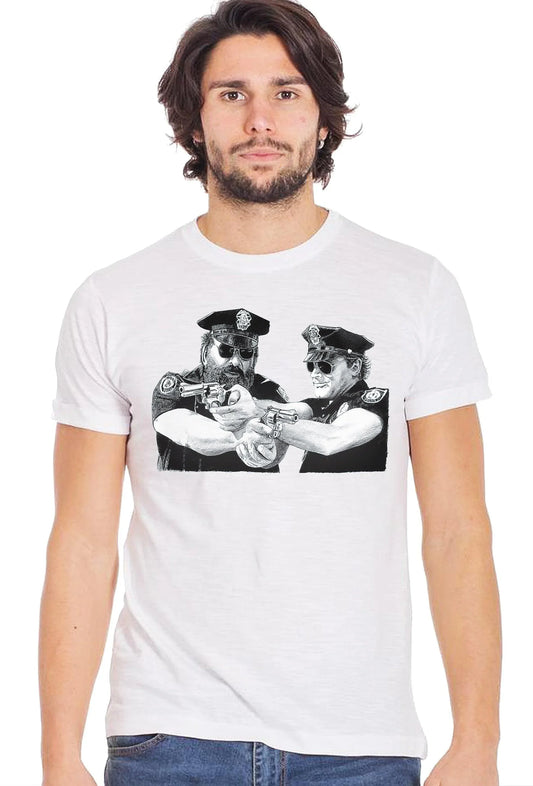 Maglietta uomo bianca cotone streetwear con stampa policemen in stile cinema anni 70, stile urban