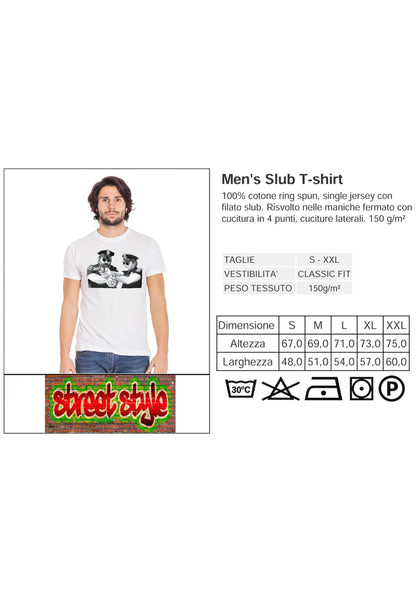 T-shirt uomo bianca in cotone 100%, stampa grafica poliziotti, stile streetwear urban.